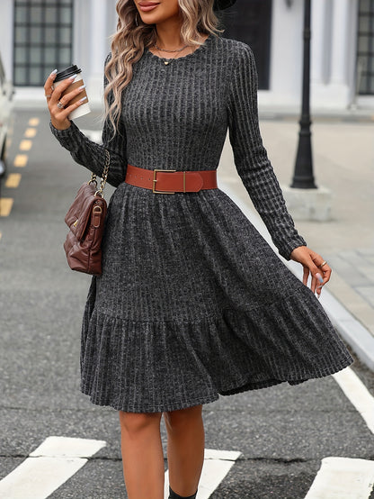 xieyinshe  Ruffle Hem Long Sleeve Knit Dress, Casual Crew Neck A-line Dress, Women's Clothing