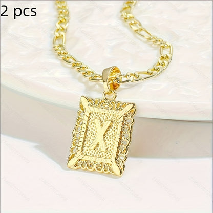 2 pcs Personalized Initial Letter Pendant Necklace - 18K Gold Plated Square Capital Monogram in Figaro Chain - Fashionable Alloy Necklace for Men and Women with A-Z Alphabet Options