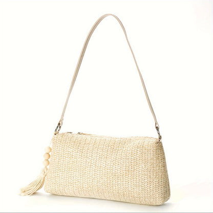 Water-Resistant Straw Shoulder Bag - Fixed Straps, Casual, Solid Color, Polyester Lining, Zipper Closure - Perfect for Summer Commuter, Daily Use, and Outdoor Activities