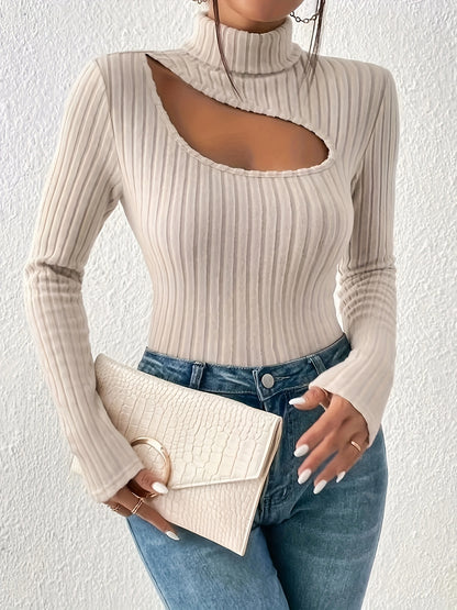 xieyinshe Solid Ribbed Cut Out T-Shirt, Casual Turtleneck Long Sleeve Top For Spring & Fall, Women's Clothing