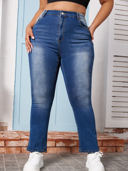 xieyinshe  Women's Casual Jeans, Plus Size Plain Washed Blue Slash Pocket High Stretch Flare Leg Denim Pants