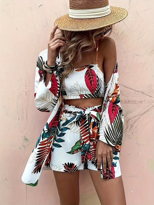 xieyinshe  Tropical Print Three-piece Set, Vacation Crop Cami Top & Belted Shorts & Open Front Coverup Outfits, Women's Clothing
