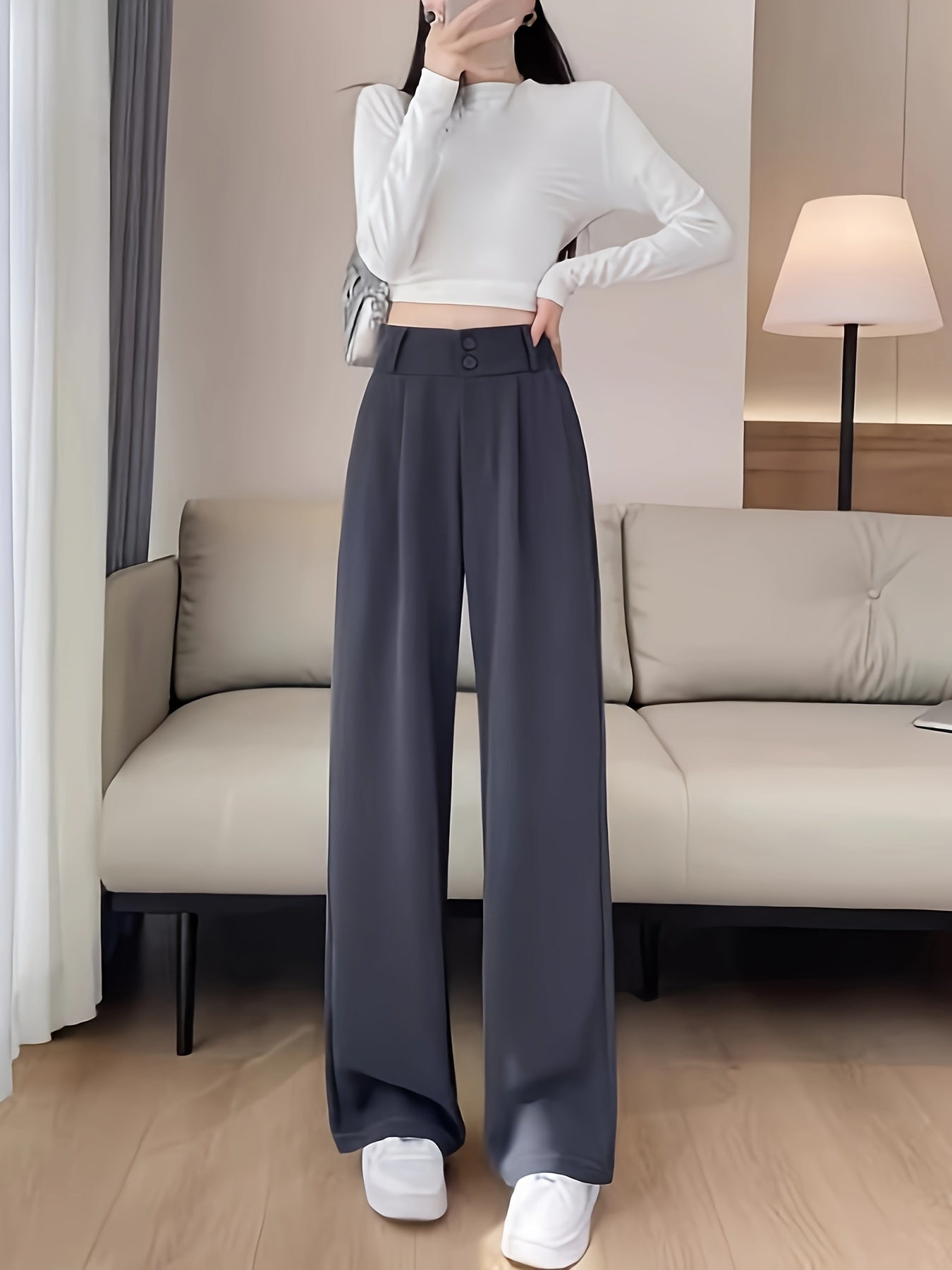 xieyinshe  Solid Color Straight Leg Pants, Casual High Waist Loose Pants For Spring & Fall, Women's Clothing