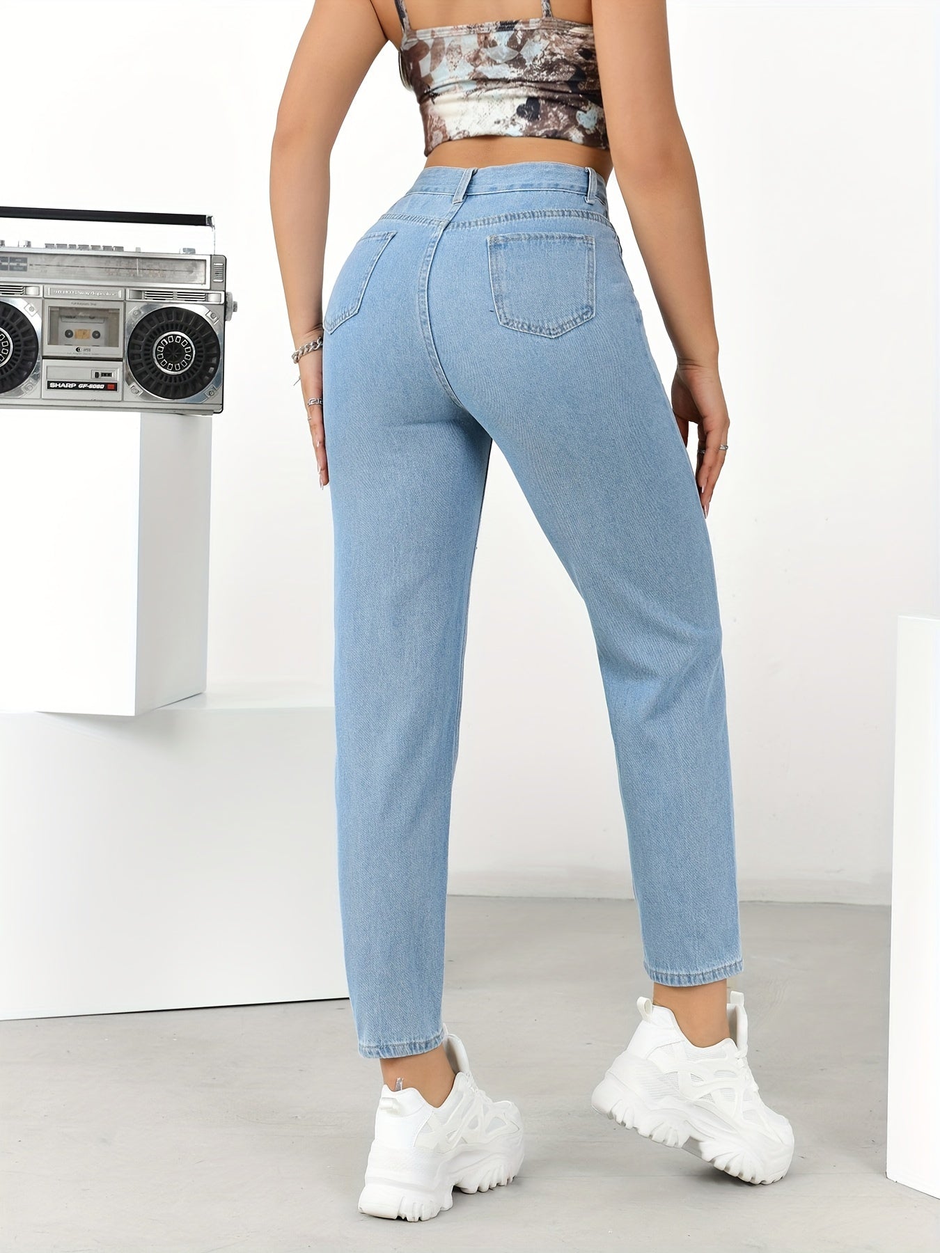 xieyinshe  Slant Pockets Casual Tapered Jeans, Washed Non-Stretch Mom Jeans, Women's Denim Jeans & Clothing