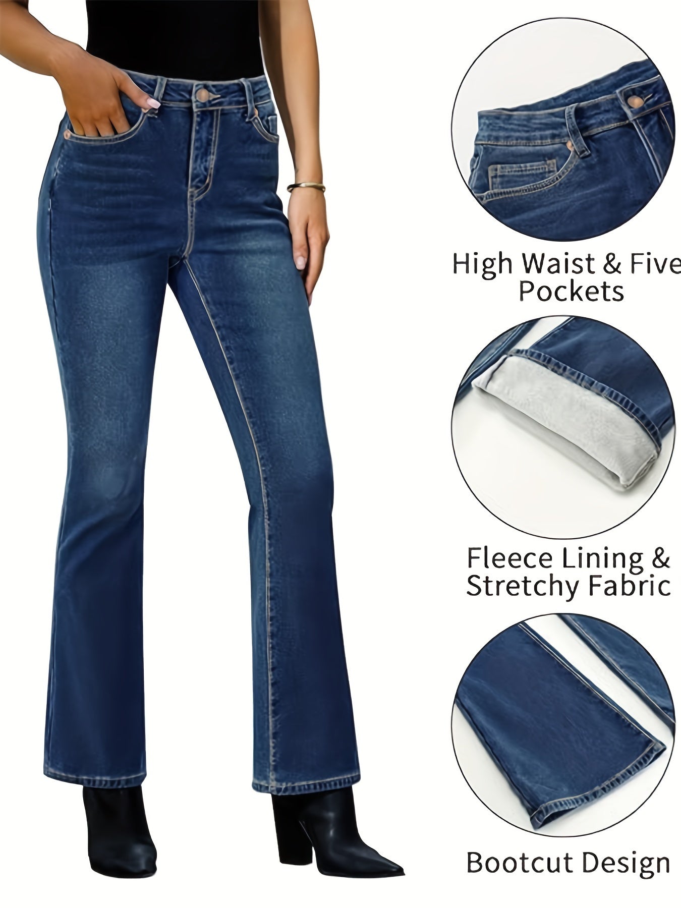 Fleece Liner Whiskering Bootcut Jeans, High Waist Slant Pockets Denim Pants, Women's Denim Jeans & Clothing