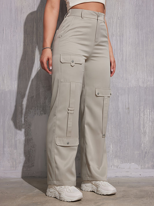 xieyinshe Solid Straight Leg Cargo Pants, Casual High Waist Fashion Pants With Pocket, Women's Clothing