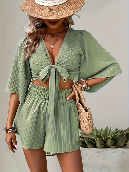 xieyinshe  Casual Solid Color Shorts Set, Knot Front Bell Sleeve Crop Top & Ruffle Trim High Waist Shorts Outfits, Women's Clothing