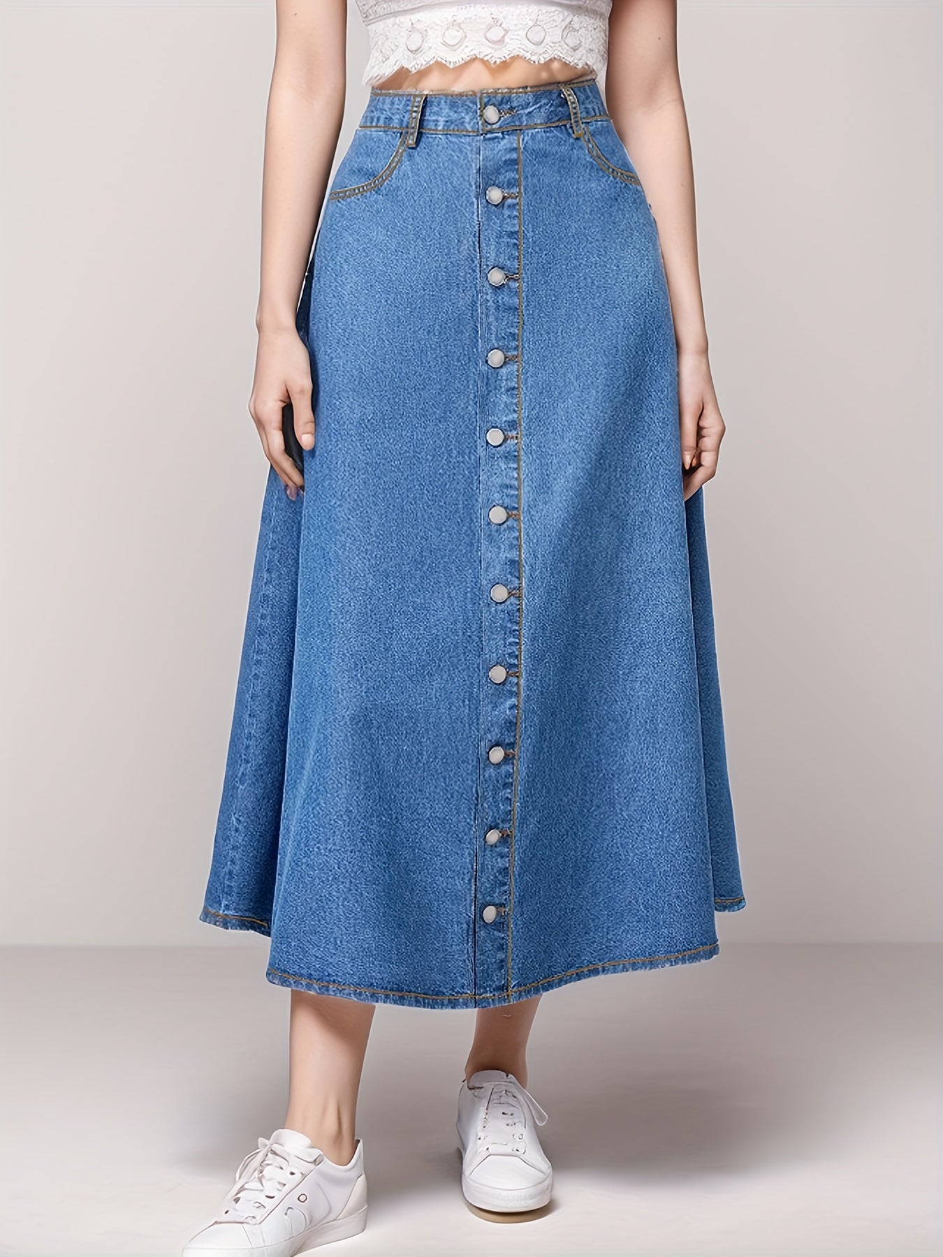 xieyinshe Single Breasted Button Casual Denim Midi Skirt, A-Line Slant Pockets High Waist Denim Skirt, Women's Denim Clothing