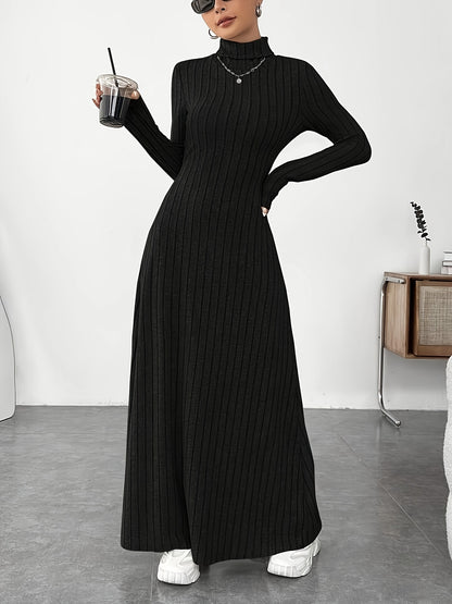 Turtleneck Ribbed A-line Dress, Elegant Long Sleeve Dress For Spring & Fall, Women's Clothing