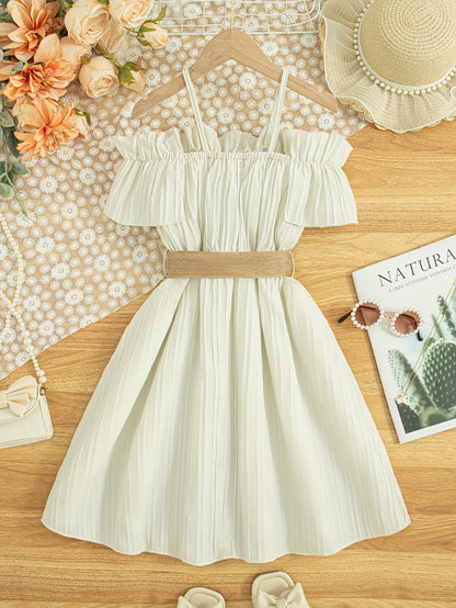 xieyinshe  Elegant Girls Solid Ruffle Trim Belted Dress Casual Dresses For Summer Party Gift Holiday