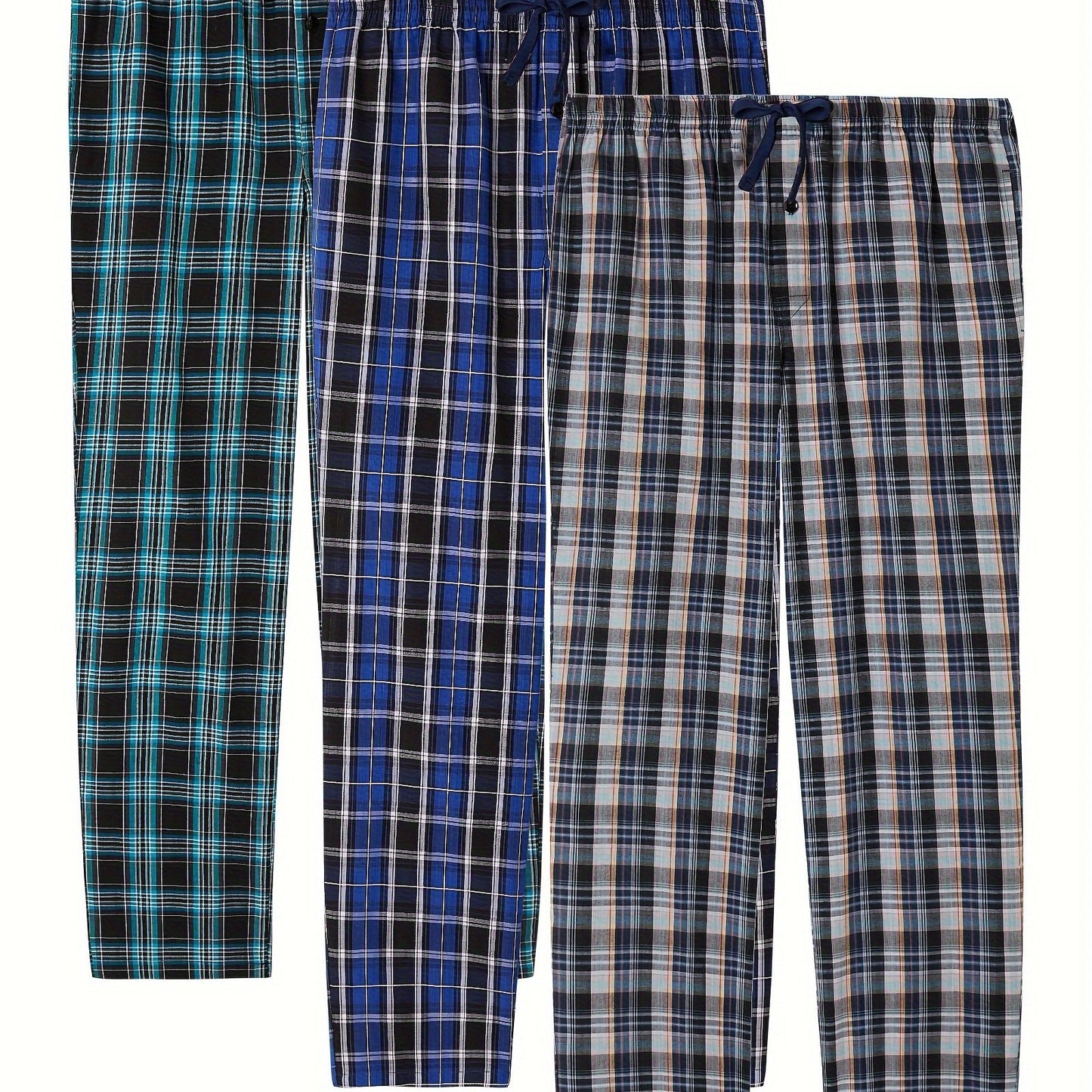 1/3pcs Men's Cotton Thin Plaid Sleep & Lounge Pants, Pajama Bottoms With Pockets