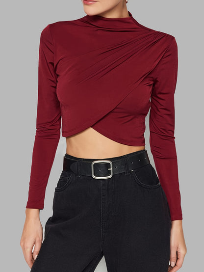 Solid Mock Neck T-shirt, Casual Long Sleeve Ruched Crop Top, Women's Clothing