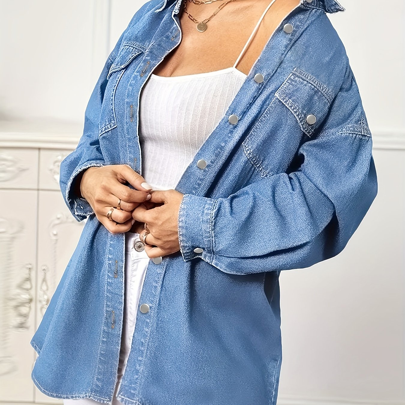 Oversized Flap Pocket Denim Jackets, Button Closure Long Sleeve Denim Shirts, Women's Denim Clothing