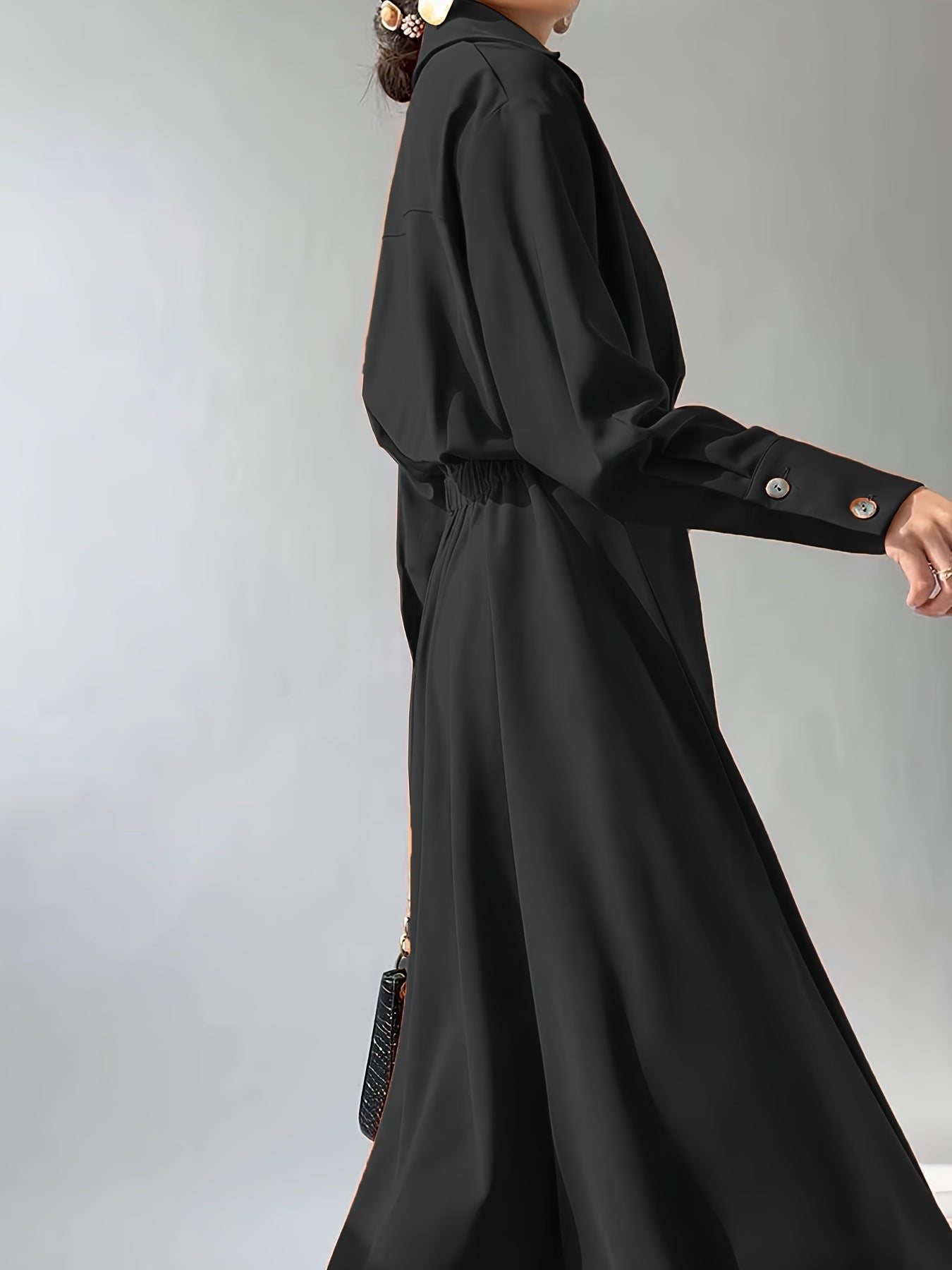 xieyinshe  Solid Waist Lapel Collar Dress, Elegant Long Sleeve Dress For Spring & Fall, Women's Clothing