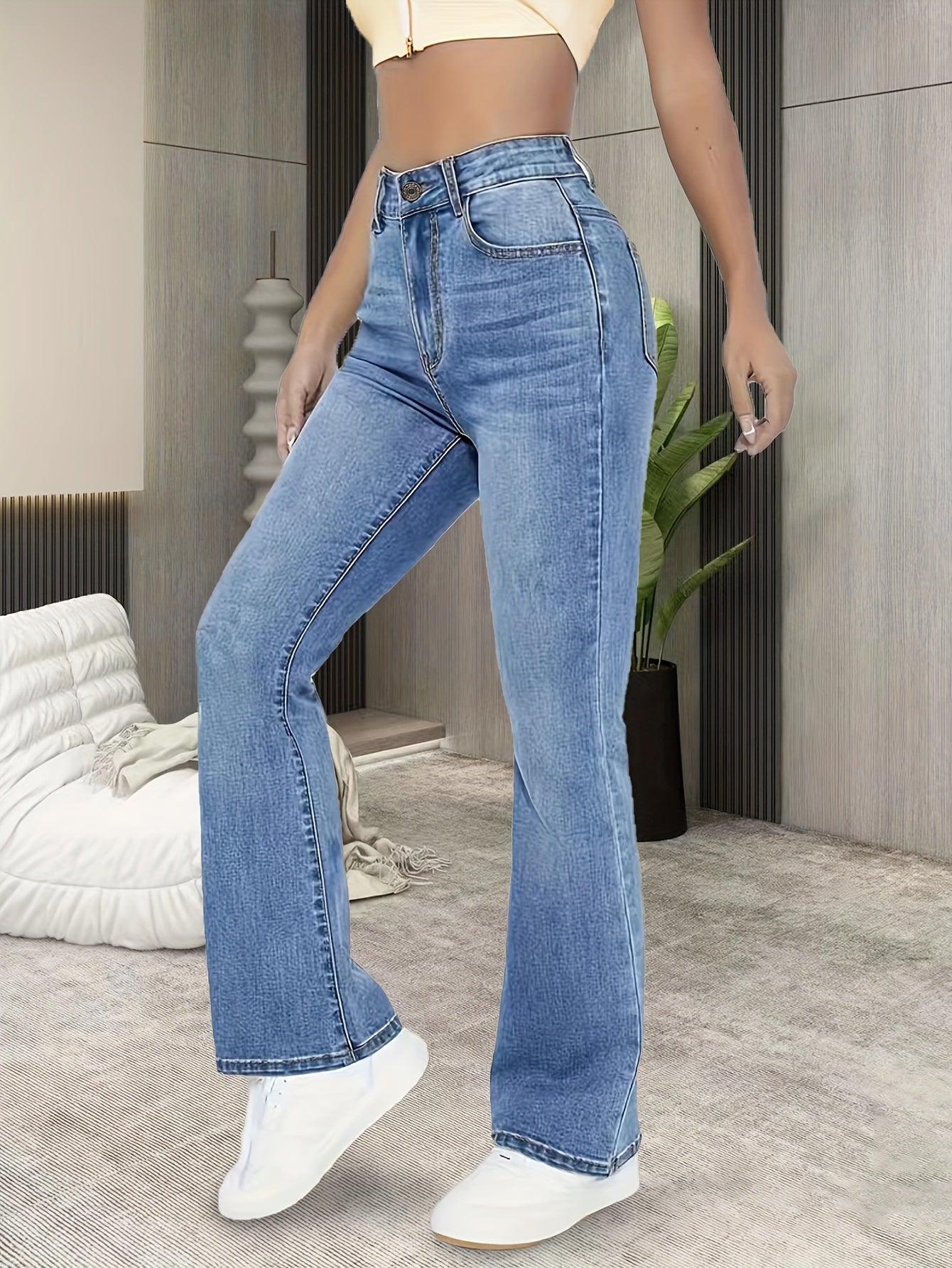 xieyinshe  Slant Pockets Washed Bootcut Jeans, High Stretch Washed Denim Pants, Women's Denim Jeans & Clothing