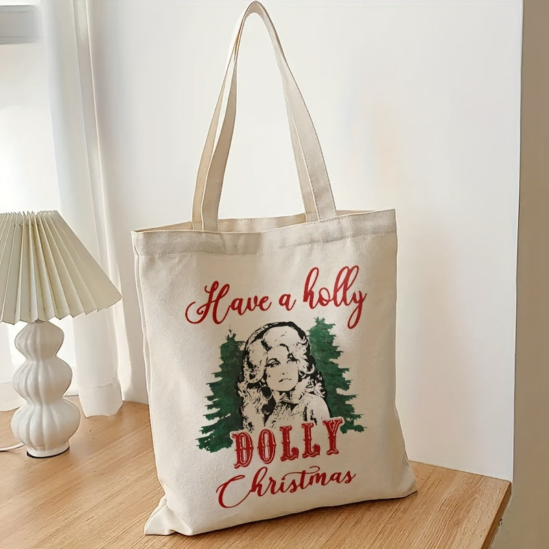 1pc Holly Dolly Christmas Canvas Tote Bag - Eye-Catching Design, Durable & Reusable for Womens Travel, Daily Use, Shopping - Trendy Foldable Shoulder Bag, Perfect Xmas Gift Idea