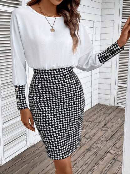 xieyinshe  Houndstooth Print Splicing Dress, Elegant Crew Neck Long Sleeve Dress, Women's Clothing