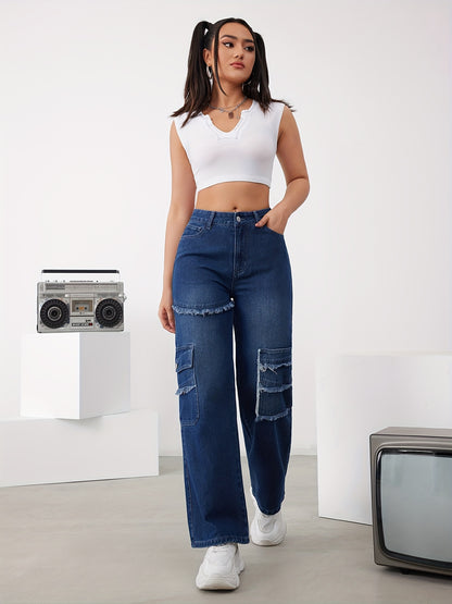 xieyinshe  Women's Streetwear Jeans, Plus Size Raw Seam Flap Pocket Plain Washed Blue Straight Denim Pants