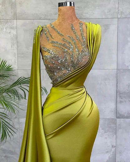 New Prom Party Gown Formal Evening Dresses Girls Pageant Satin Plus Size Custom Ball Gown Mermaid Trumpet O-Neck Illusion Sleeveless Sequined Pleat