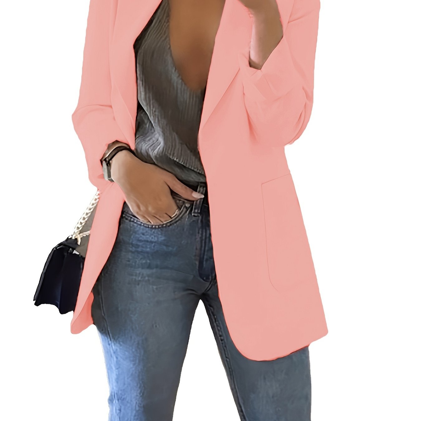 xieyinshe Plus Size Casual Blazer, Women's Plus Solid Long Sleeve Lapel Collar Suit Coat With Pockets