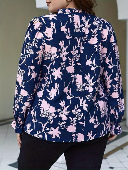 xieyinshe  Plus Size Casual Blouse, Women's Plus Floral Print Lantern Sleeve Notched Neck Lettuce Trim Top