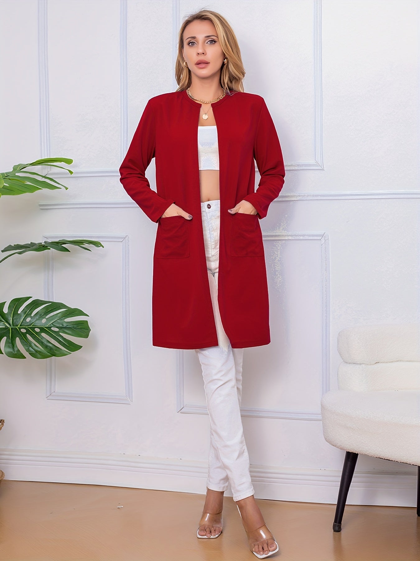 xieyinshe Long Length Open Front Coat, Casual Long Sleeve Solid Outerwear, Women's Clothing