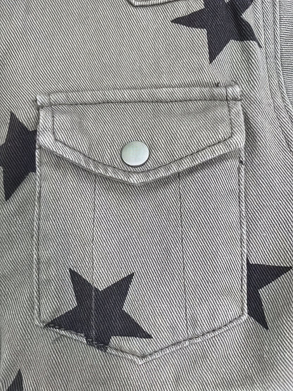 Green Star Print Chic Denim Jackets, Long Sleeves Raw Hem Flap Pockets Lapel Denim Coats, Women's Denim Clothing
