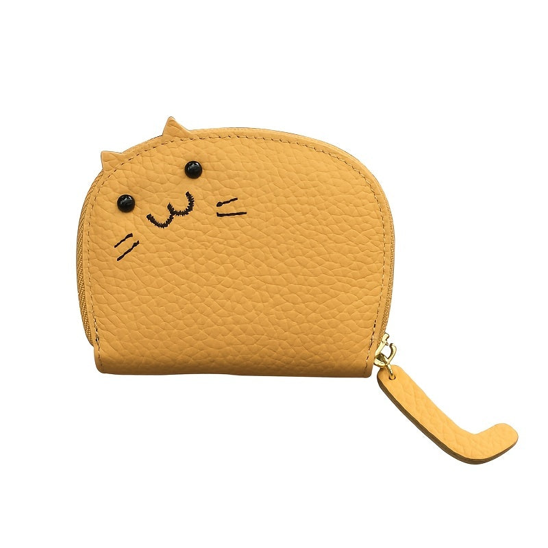 Compact & Chic Genuine Leather Cat-Design Wallet - Secure Zipper, Polyester Lined Coin Purse, and Sleek Card Holder