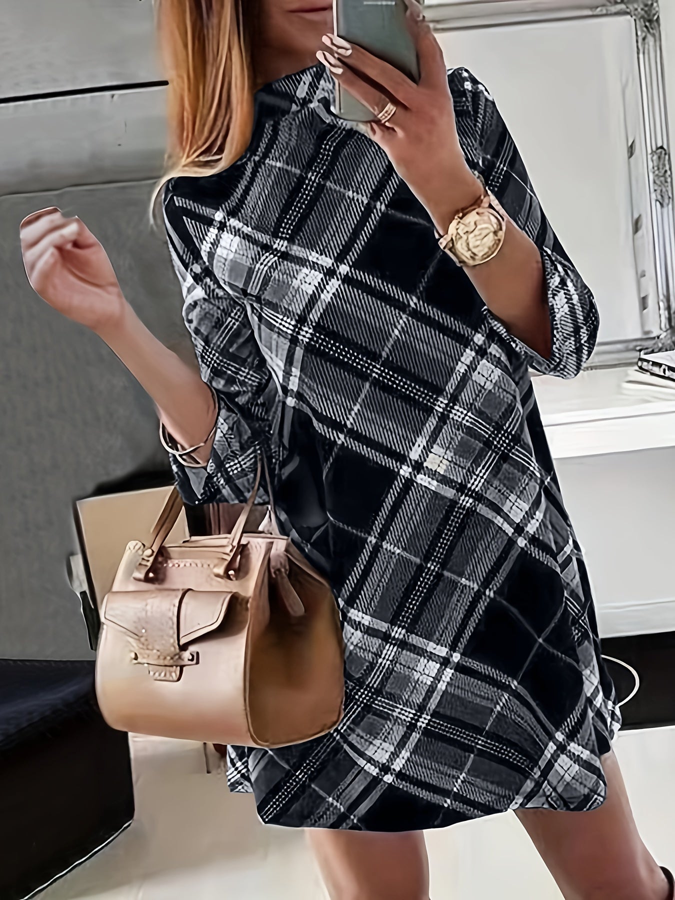 xieyinshe Plus Size Casual Dress, Women's Plus Plaid Print Half Sleeve Mock Neck Slight Stretch Mini Dress