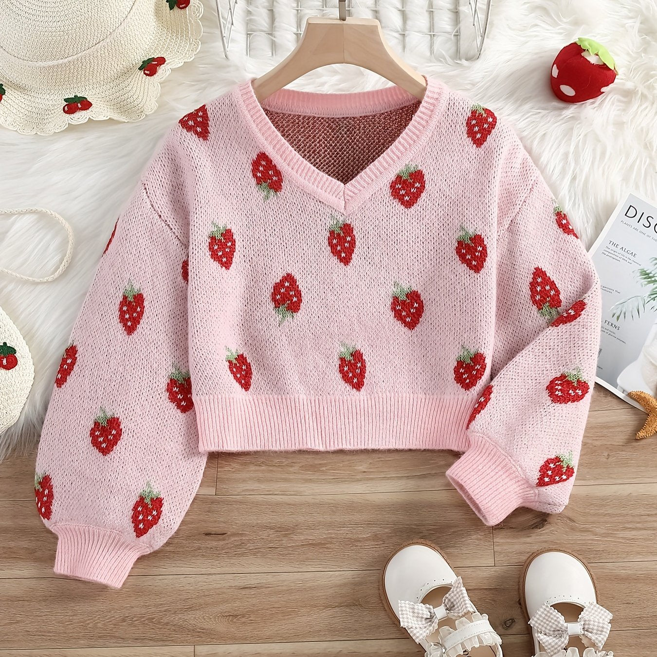 Cozy Strawberry Jacquard Knit Long Sleeve Sweater for Girls - Soft V-Neck Pullover Design, Cute and Stylish, Perfect for Casual Wear - Winter Fashion Essential