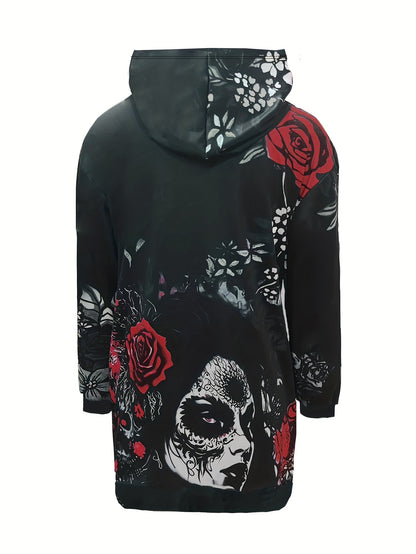 Skull & Flower Print Dress, Gothic Hooded Long Sleeve Mini Dress With Pockets, Women's Clothing