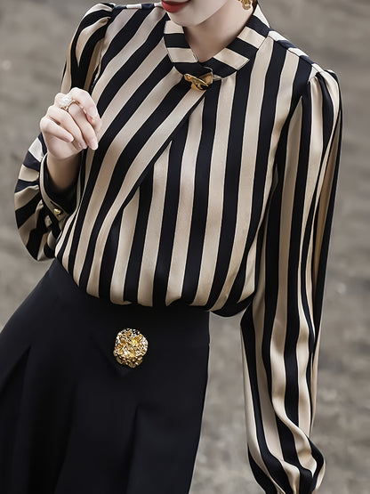 xieyinshe Striped Print Button Decor Blouse, Elegant Long Sleeve Blouse For Spring & Fall, Women's Clothing