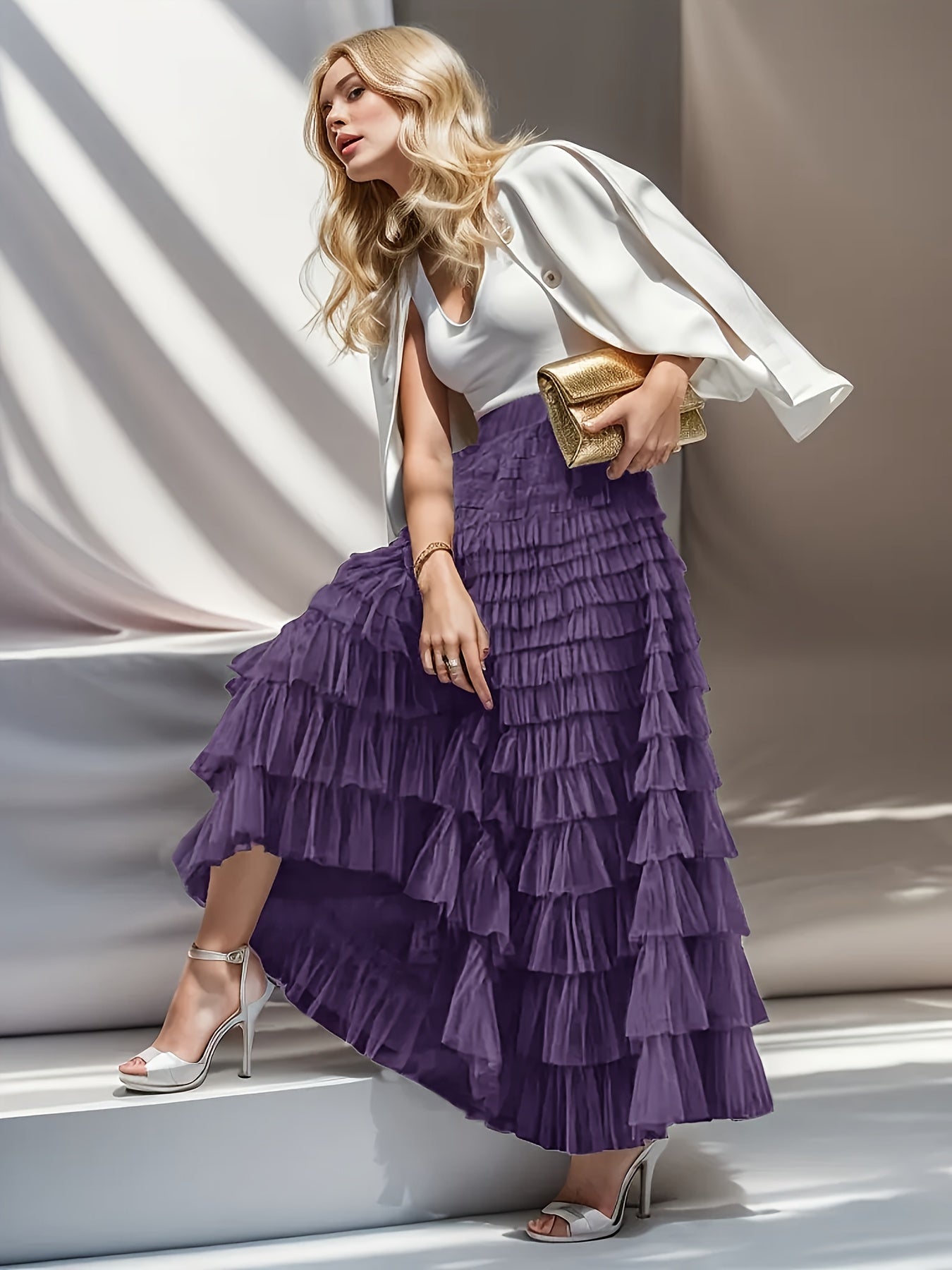 Multilayer Ruffles Tulle Skirt, Casual Fluffy Skirt For Spring & Summer, Women's Clothing