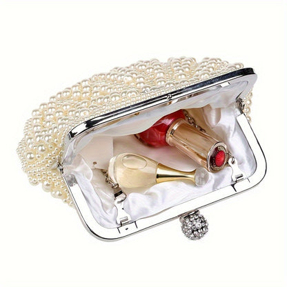 Beaded Shell Design Evening Bag - Exquisite Faux Pearl Embellished Clutch Purse with Delicate Beading, Stylish Womens Formal Dress Handbag for Special Occasions - Ideal for Glamorous Wedding Parties, Prom Nights, and Black-Tie Banquets, Perfect Accessory