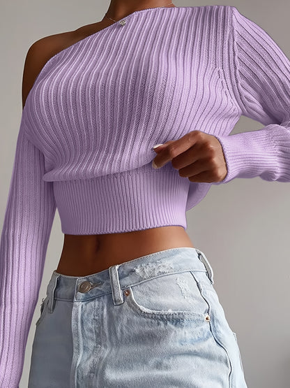 xieyinshe  Ribbed Asymmetrical Neck Knit Crop Sweater, Sexy Cold Shoulder Long Sleeve Pullover Sweater, Women's Clothing