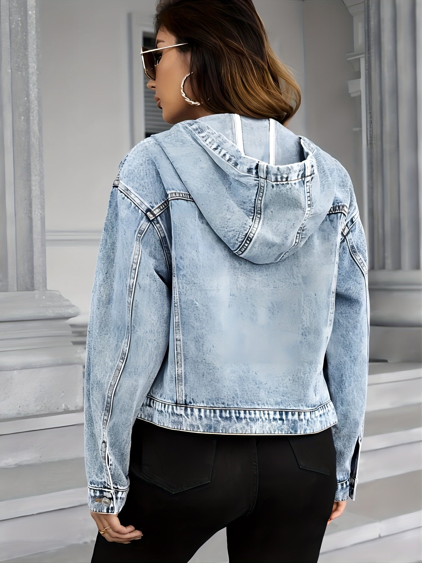 Blue Washed Hooded Denim Jackets, Long Sleeves Flap Pockets Non-Stretch Denim Coats, Women's Denim Clothing