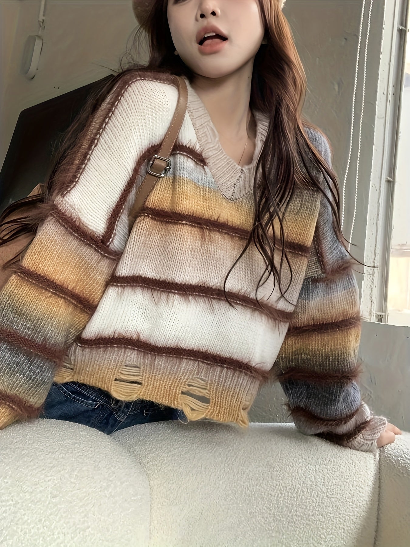 xieyinshe  Striped V Neck Pullover Sweater, Casual Long Sleeve Ripped Sweater, Women's Clothing