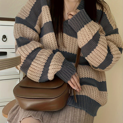 xieyinshe  Striped V Neck Pullover Sweater, Casual Long Sleeve Drop Shoulder Sweater, Women's Clothing