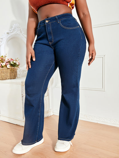 xieyinshe  Plus Size Casual Jeans, Women's Plus Solid Button Fly High Stretch Flared Leg Jeans