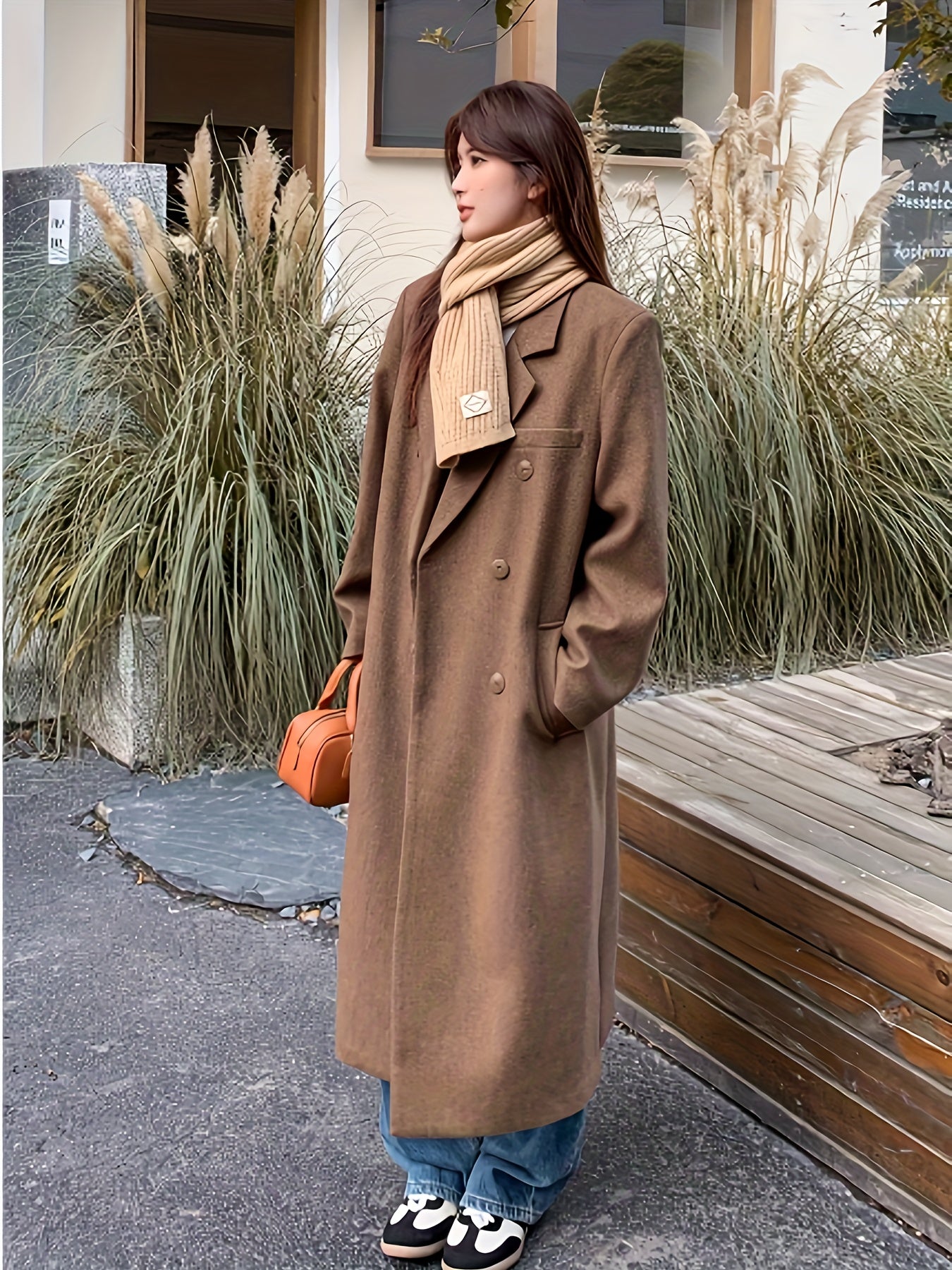 Notched Collar Double-breasted Coat, Casual Long Sleeve Midi Length Overcoat For Fall & Winter, Women's Clothing