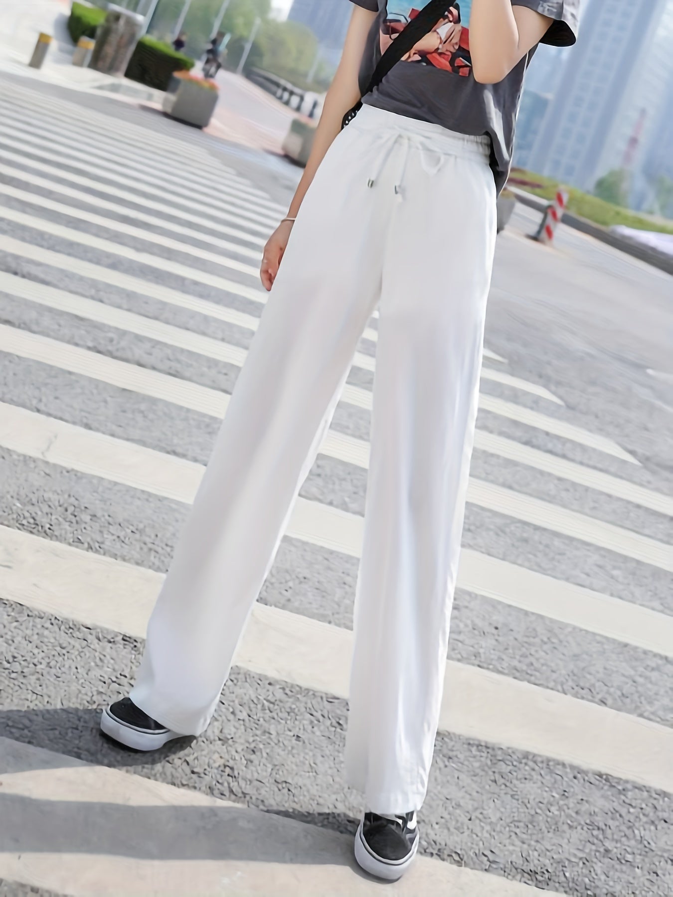 xieyinshe  Minimalist Solid Drawstring Pants, Casual Long Length Elastic Waist Wide Leg Pants, Women's Clothing