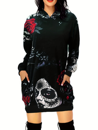 Skull & Flower Print Dress, Gothic Hooded Long Sleeve Mini Dress With Pockets, Women's Clothing