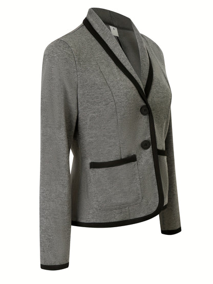 xieyinshe  Contrast Trim Shawl Collar Blazer, Casual Dual Pockets Long Sleeve Button Blazer, Women's Clothing