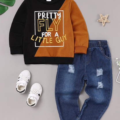 2-6T Toddler Boys' Colorblock Long Sleeve Letter Sweatshirt & Ripped Jeans Outfit Set - Soft, Cozy, and Stylish Fall Winter Clothing for Little Boys - Perfect for Casual Daily Wear and Outdoor Play