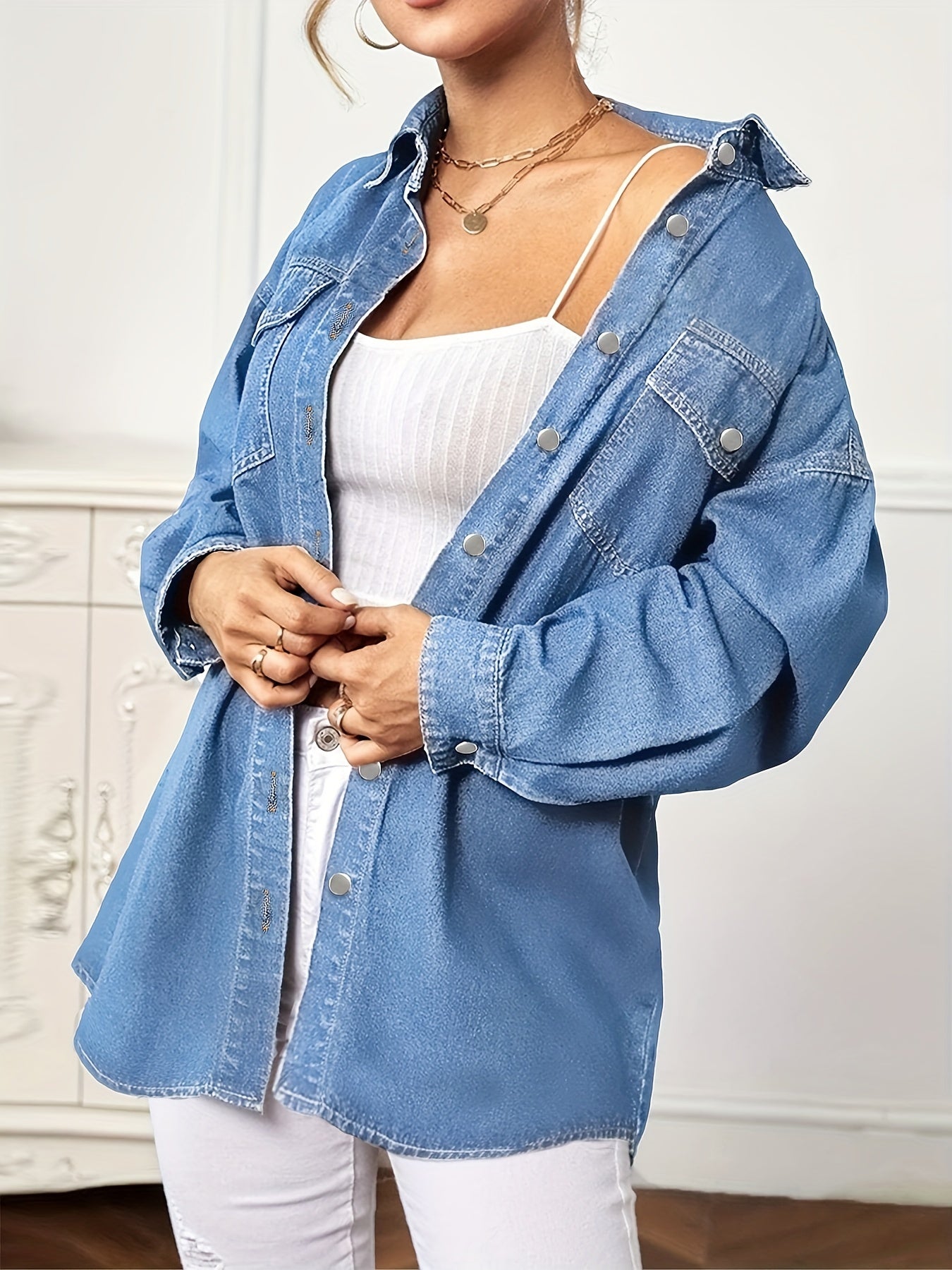 Oversized Flap Pocket Denim Jackets, Button Closure Long Sleeve Denim Shirts, Women's Denim Clothing