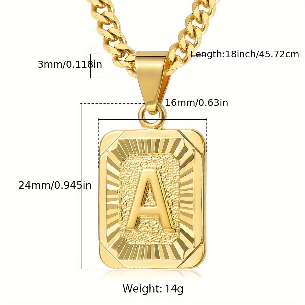 Initial Letter Square Pendant Necklace For Men And Women, 26 Alphabet Options, Simple Style Fashion Jewelry With Cuban Curb Chain