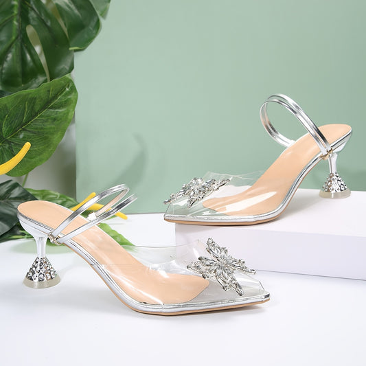 xieyinshe  Women's Rhinestone Butterfly High Heels, Fashion Transparent Pointed Toe Slingback Sandals, Stylish Party & Banquet Sandals
