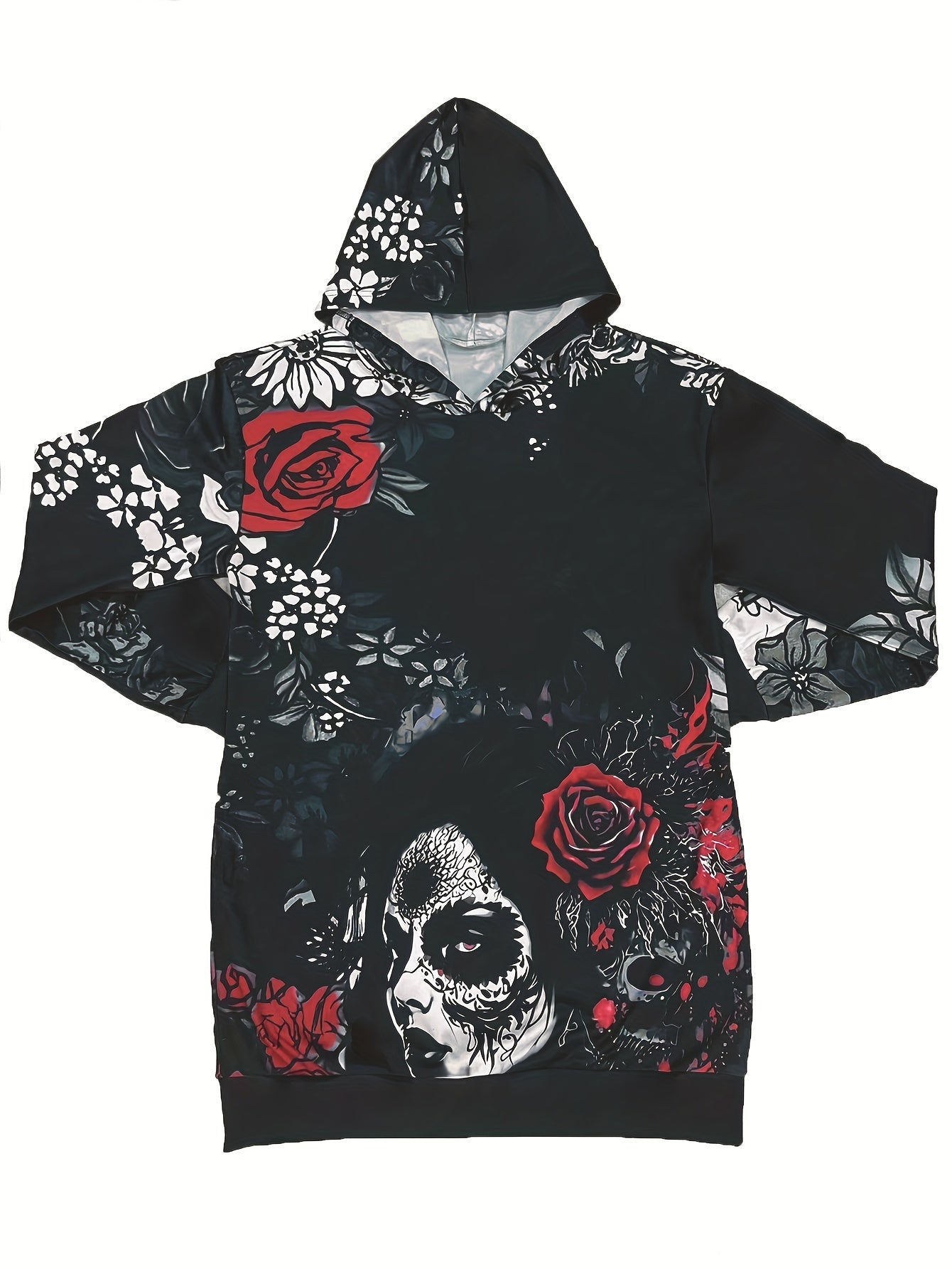 Skull & Flower Print Dress, Gothic Hooded Long Sleeve Mini Dress With Pockets, Women's Clothing