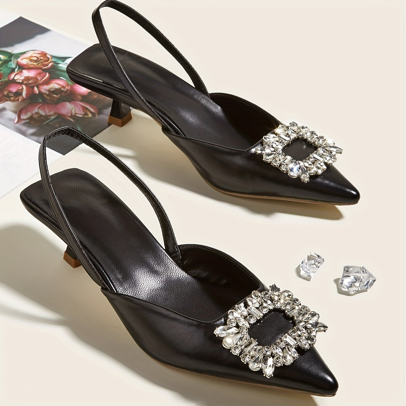 Chic All-Season Pointed-Toe Slingback Heels with Crystal Accents – Comfortable Faux Leather Sandals with Elastic Strap