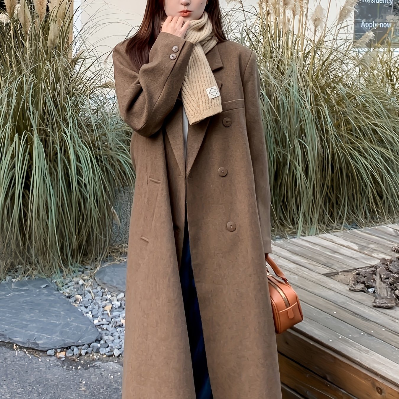 Notched Collar Double-breasted Coat, Casual Long Sleeve Midi Length Overcoat For Fall & Winter, Women's Clothing